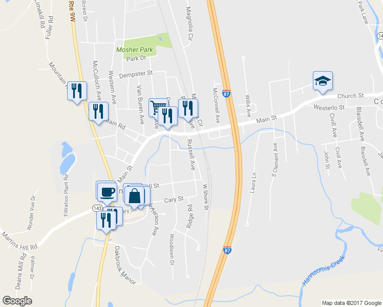 map of restaurants, bars, coffee shops, grocery stores, and more near 14 Russell Avenue in Ravena