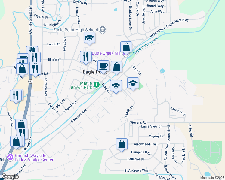 map of restaurants, bars, coffee shops, grocery stores, and more near 27 South Shasta Avenue in Eagle Point
