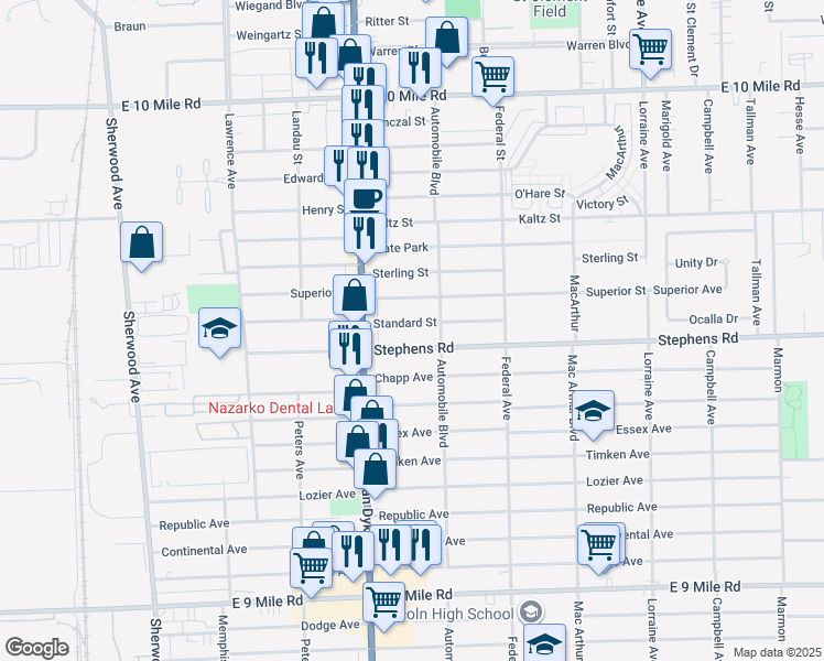 map of restaurants, bars, coffee shops, grocery stores, and more near 8090 Standard Street in Center Line