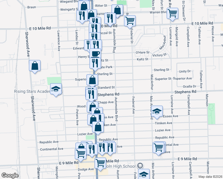 map of restaurants, bars, coffee shops, grocery stores, and more near 8090 Standard Street in Center Line