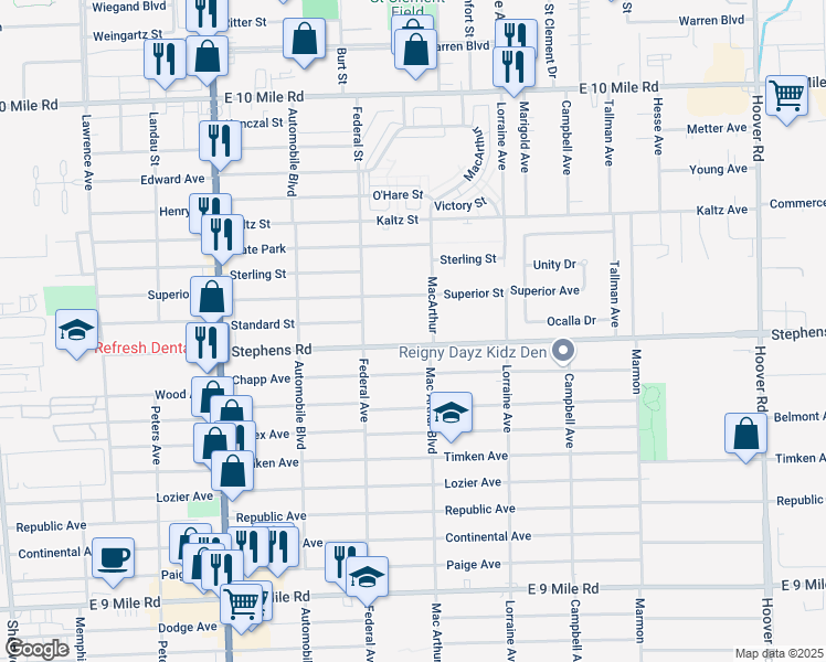 map of restaurants, bars, coffee shops, grocery stores, and more near 8525 Stephens in Center Line