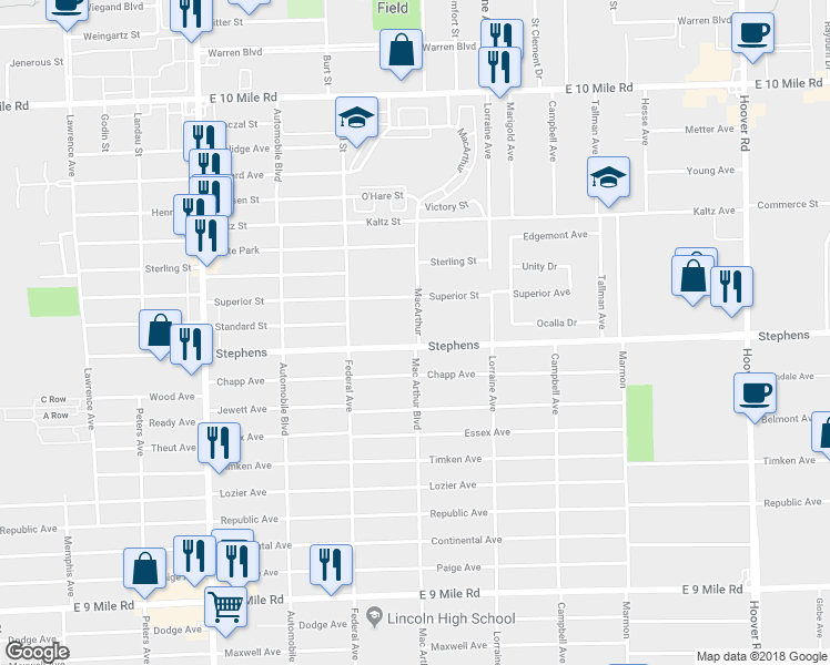 map of restaurants, bars, coffee shops, grocery stores, and more near 8525 Stephens in Center Line
