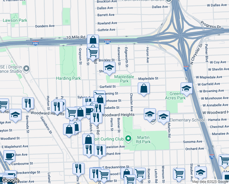 map of restaurants, bars, coffee shops, grocery stores, and more near 1651 Browning Street in Ferndale
