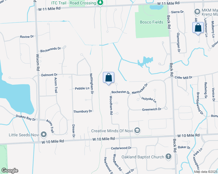 map of restaurants, bars, coffee shops, grocery stores, and more near 47756 Rochester Drive in Novi
