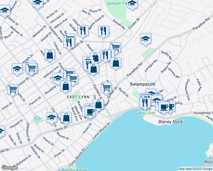 map of restaurants, bars, coffee shops, grocery stores, and more near 40 Pine Street in Swampscott