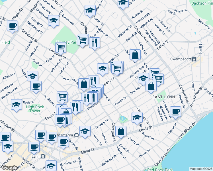 map of restaurants, bars, coffee shops, grocery stores, and more near 263 Essex Street in Lynn