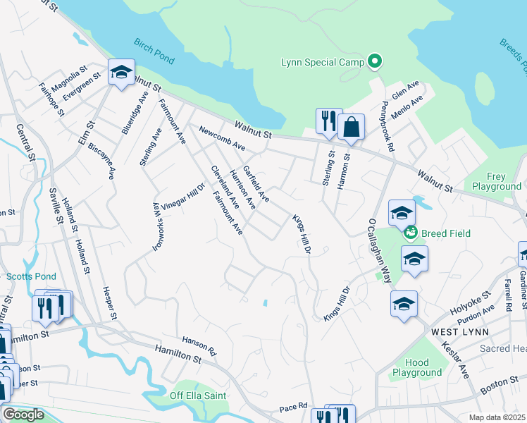 map of restaurants, bars, coffee shops, grocery stores, and more near 54 Harrison Avenue in Saugus