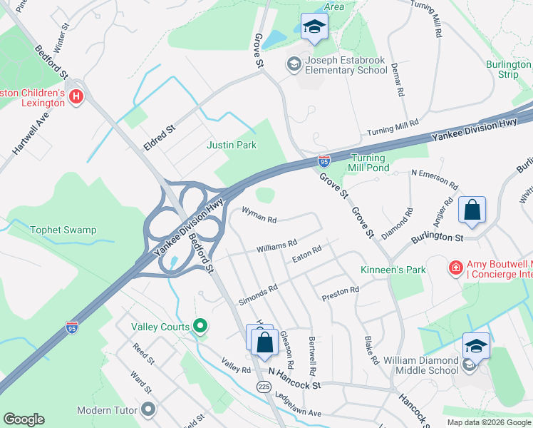 map of restaurants, bars, coffee shops, grocery stores, and more near 18 Wyman Road in Lexington
