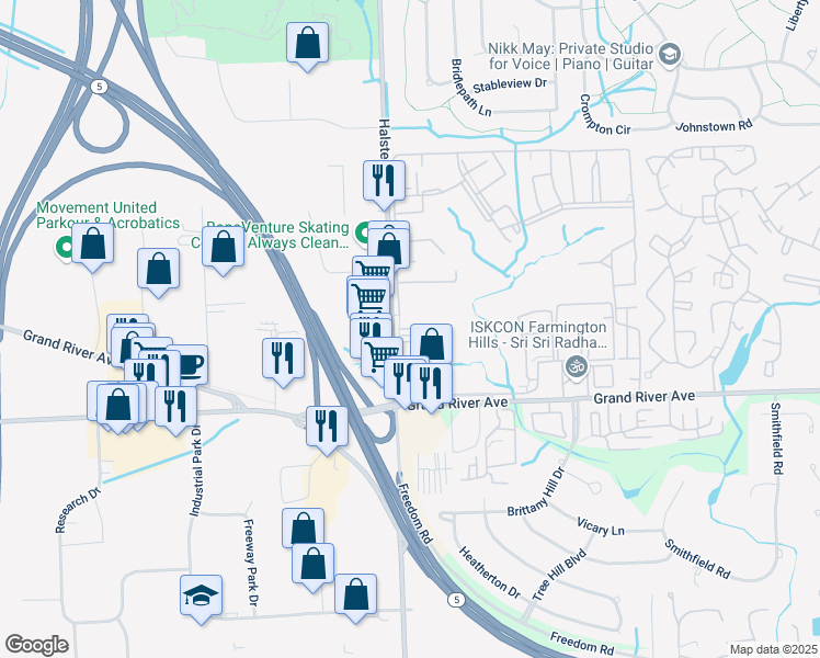 map of restaurants, bars, coffee shops, grocery stores, and more near 24360 Independence Drive in Farmington Hills