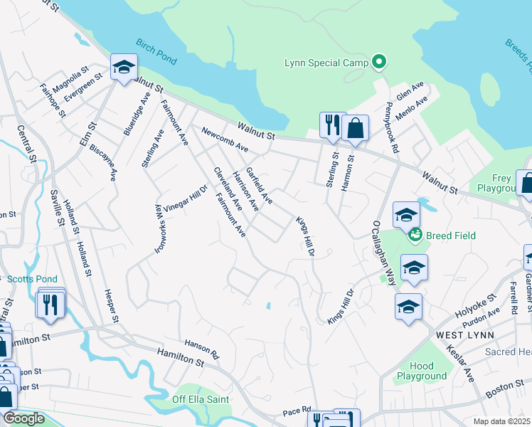 map of restaurants, bars, coffee shops, grocery stores, and more near 54 Harrison Avenue in Saugus