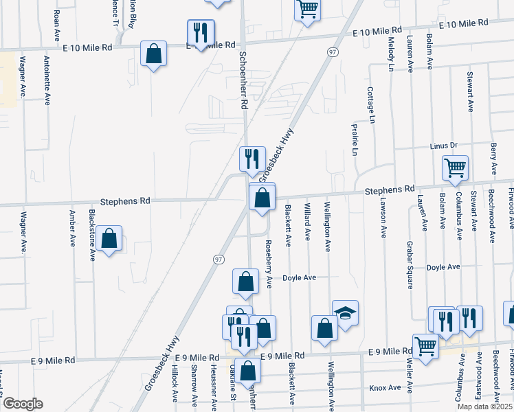 map of restaurants, bars, coffee shops, grocery stores, and more near 23990 Groesbeck Highway in Warren
