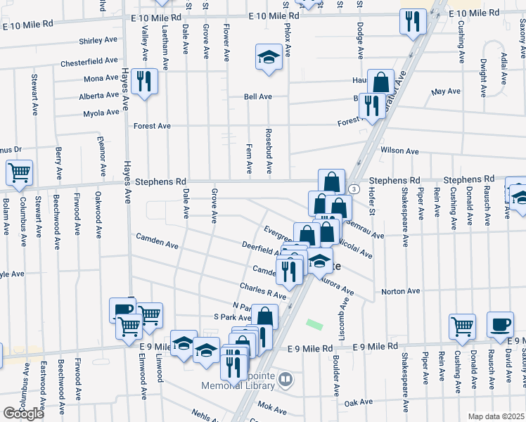 map of restaurants, bars, coffee shops, grocery stores, and more near 15664 Nicolai Avenue in Eastpointe