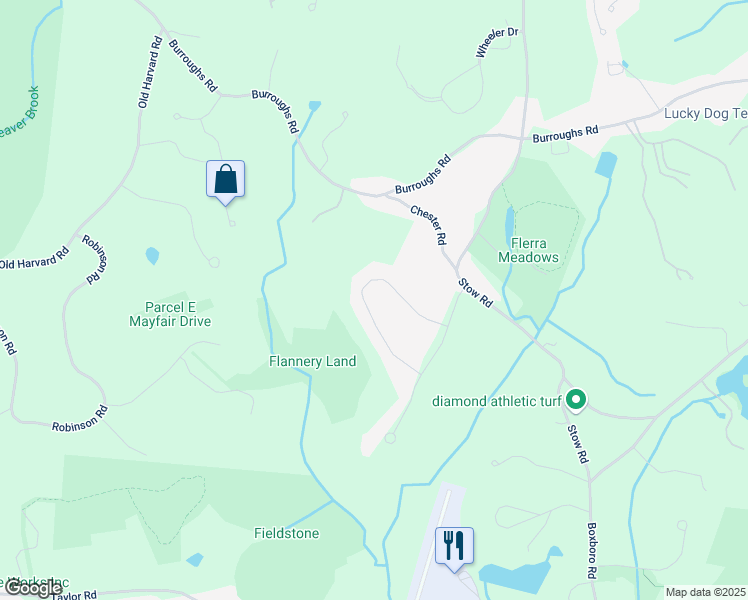 map of restaurants, bars, coffee shops, grocery stores, and more near 66 Meadow Lane in Boxborough