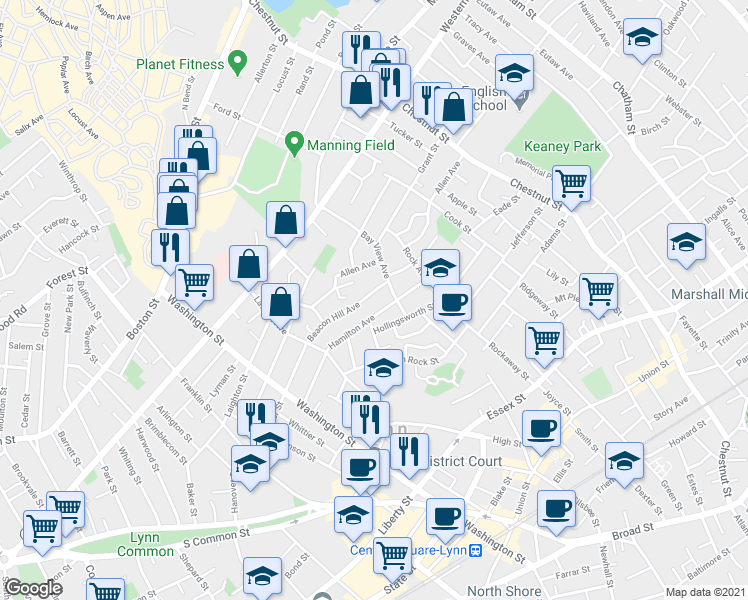 map of restaurants, bars, coffee shops, grocery stores, and more near 119-119A Beacon Hill Avenue in Lynn