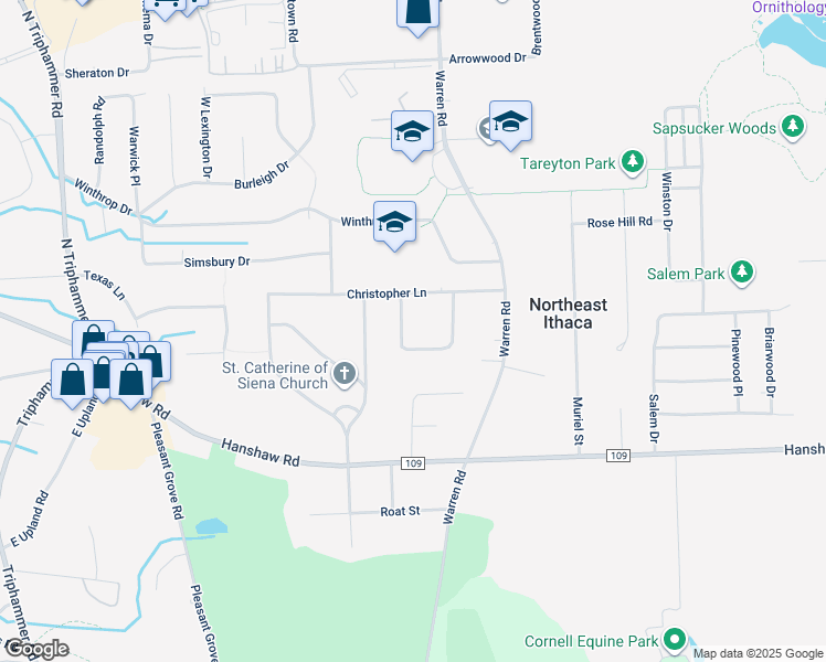 map of restaurants, bars, coffee shops, grocery stores, and more near 124 Christopher Circle in Ithaca