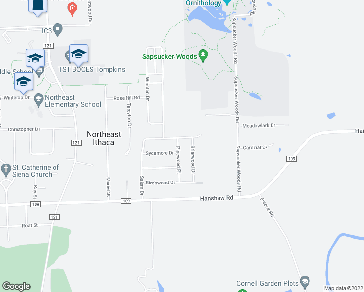 map of restaurants, bars, coffee shops, grocery stores, and more near 115 Pinewood Place in Ithaca