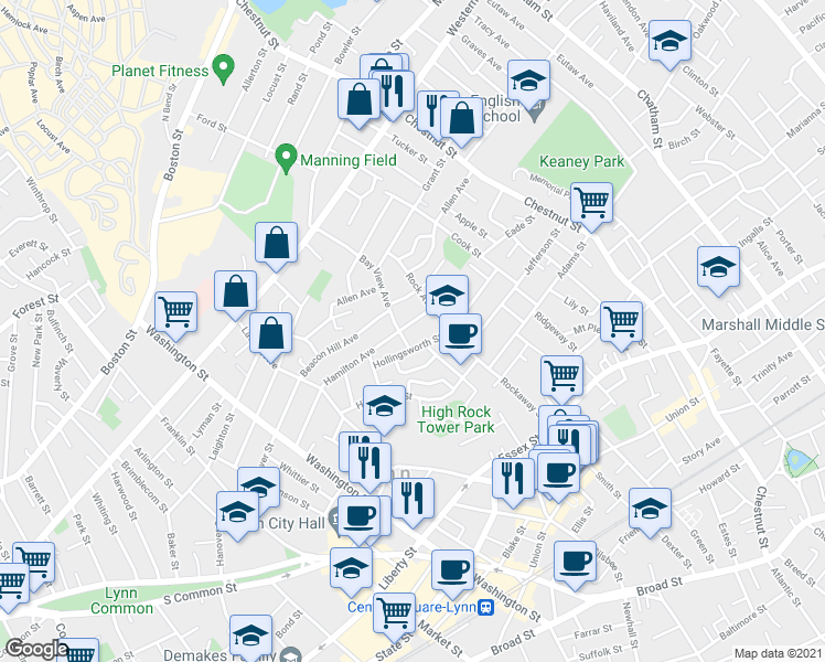 map of restaurants, bars, coffee shops, grocery stores, and more near 139 Hamilton Avenue in Lynn