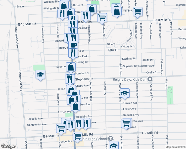 map of restaurants, bars, coffee shops, grocery stores, and more near 8220 Standard Street in Center Line