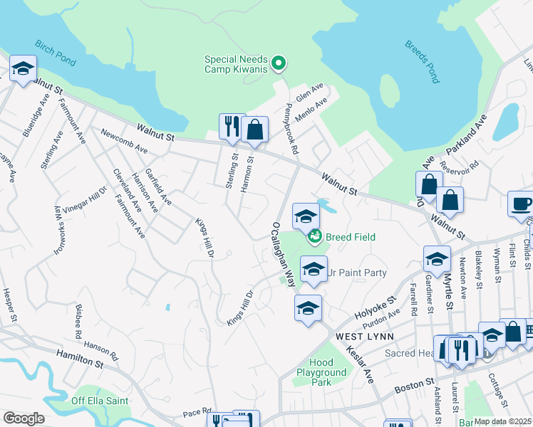 map of restaurants, bars, coffee shops, grocery stores, and more near 48 Nicholson Street in Lynn