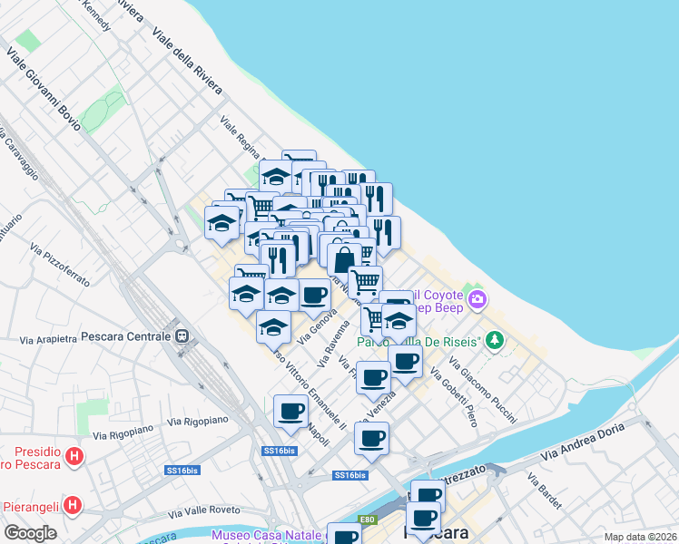 map of restaurants, bars, coffee shops, grocery stores, and more near 190 Via Nicola Fabrizi in Pescara