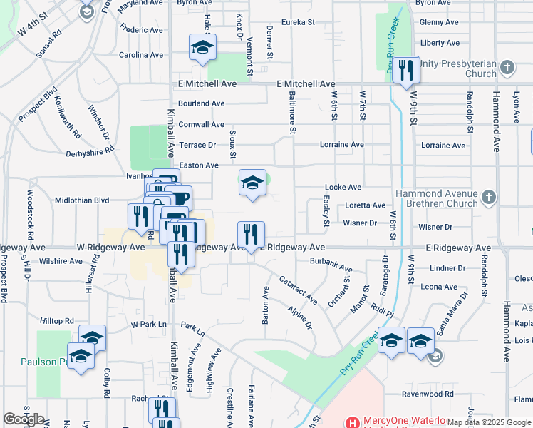 map of restaurants, bars, coffee shops, grocery stores, and more near 425 East Ridgeway Avenue in Waterloo