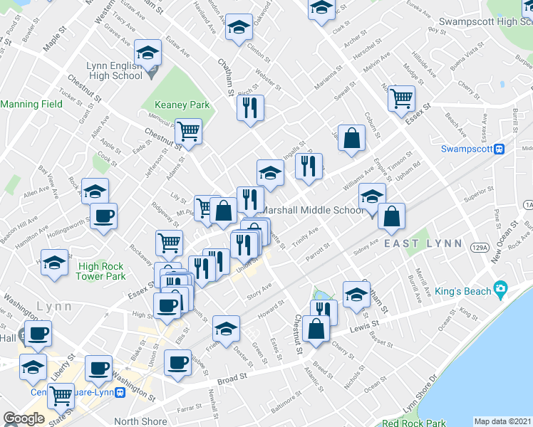 map of restaurants, bars, coffee shops, grocery stores, and more near 263 Essex Street in Lynn