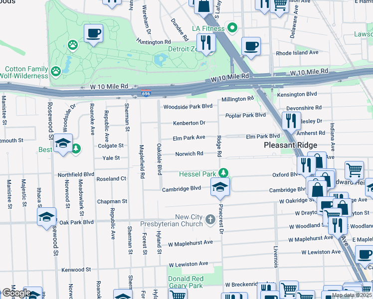 map of restaurants, bars, coffee shops, grocery stores, and more near 18 Norwich Road in Pleasant Ridge