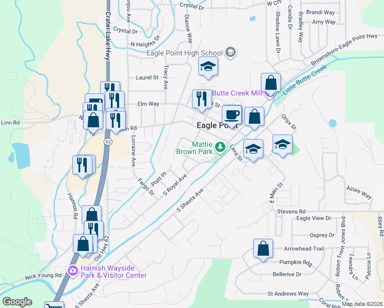 map of restaurants, bars, coffee shops, grocery stores, and more near 225 S Platt St in Eagle Point