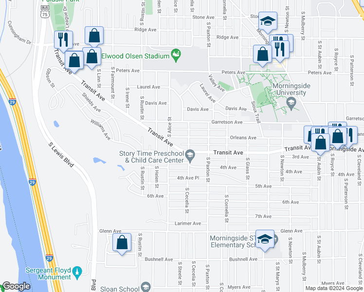 map of restaurants, bars, coffee shops, grocery stores, and more near 1917 South Cecelia Street in Sioux City