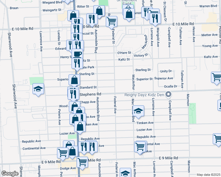 map of restaurants, bars, coffee shops, grocery stores, and more near 8296 Standard Street in Center Line