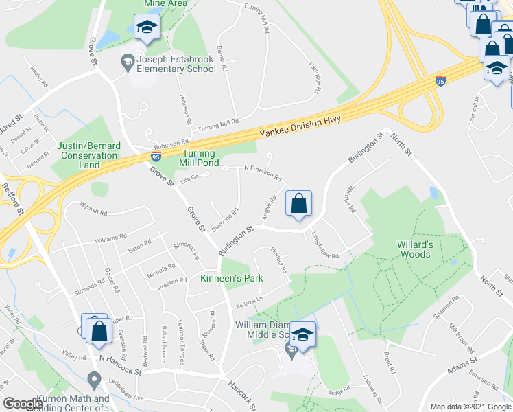 map of restaurants, bars, coffee shops, grocery stores, and more near 4 Angier Road in Lexington