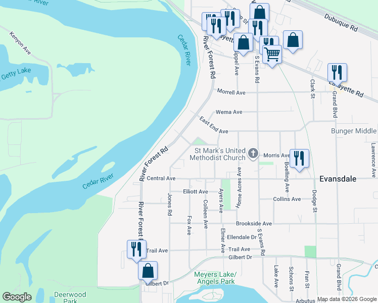 map of restaurants, bars, coffee shops, grocery stores, and more near 531 Jones Road in Evansdale