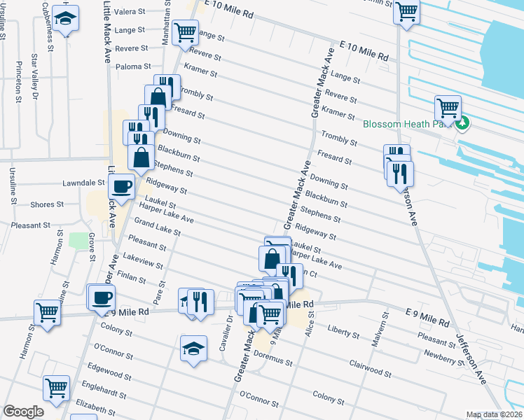map of restaurants, bars, coffee shops, grocery stores, and more near 22025 Ridgeway Street in St. Clair Shores