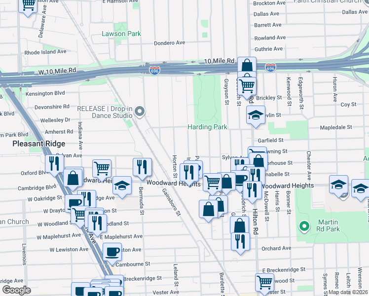 map of restaurants, bars, coffee shops, grocery stores, and more near 2940 Horton Street in Ferndale