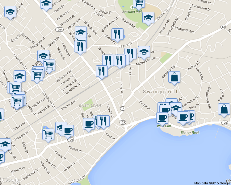 map of restaurants, bars, coffee shops, grocery stores, and more near 3 Huron Street in Swampscott