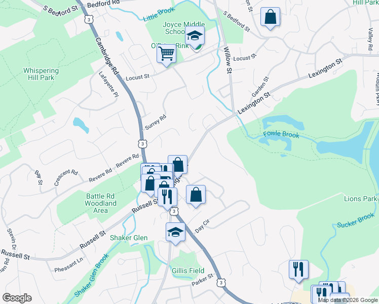 map of restaurants, bars, coffee shops, grocery stores, and more near 171 Lexington Street in Woburn