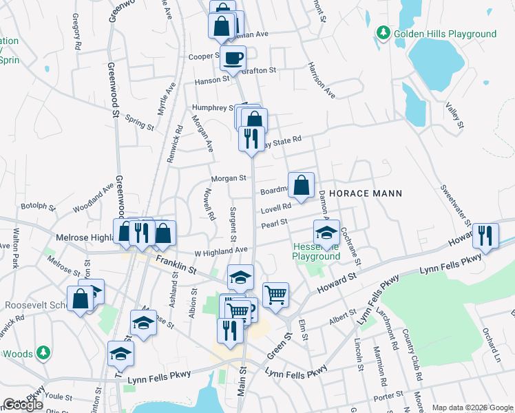 map of restaurants, bars, coffee shops, grocery stores, and more near 1069 Main Street in Melrose