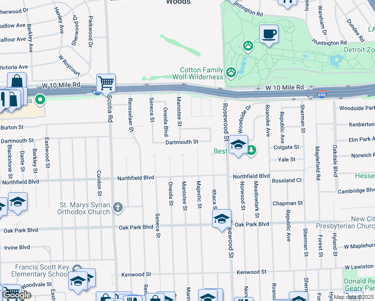 map of restaurants, bars, coffee shops, grocery stores, and more near 24320 Manistee Street in Oak Park