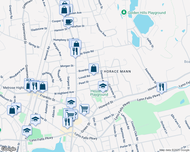 map of restaurants, bars, coffee shops, grocery stores, and more near 67 Lovell Road in Melrose