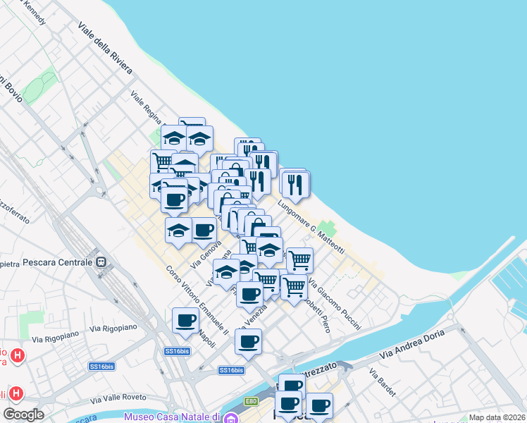 map of restaurants, bars, coffee shops, grocery stores, and more near 91 Via Trilussa in Pescara