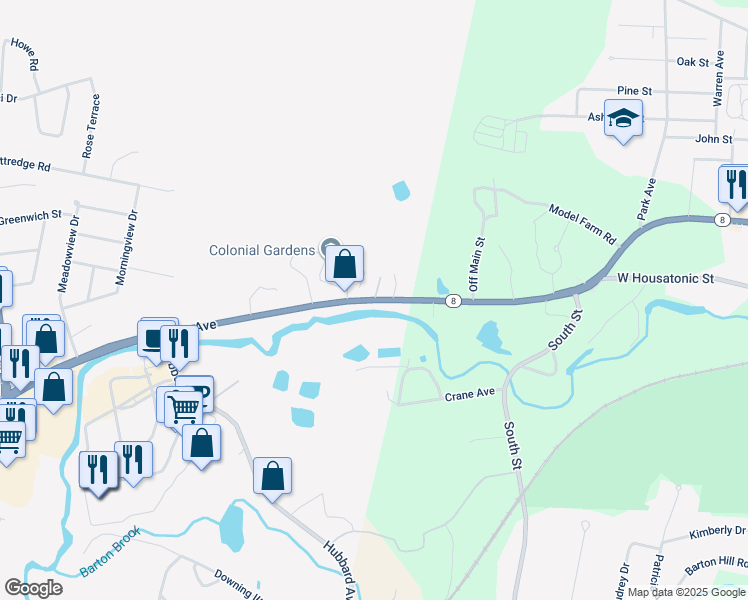 map of restaurants, bars, coffee shops, grocery stores, and more near 1225 Dalton Avenue in Pittsfield