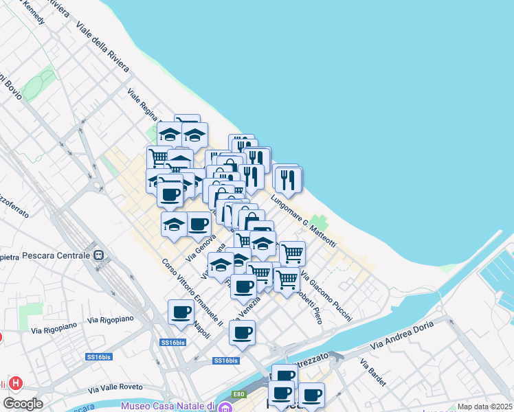 map of restaurants, bars, coffee shops, grocery stores, and more near 91 Via Trilussa in Pescara