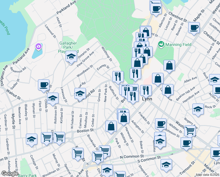 map of restaurants, bars, coffee shops, grocery stores, and more near 54 Bulfinch Street in Lynn