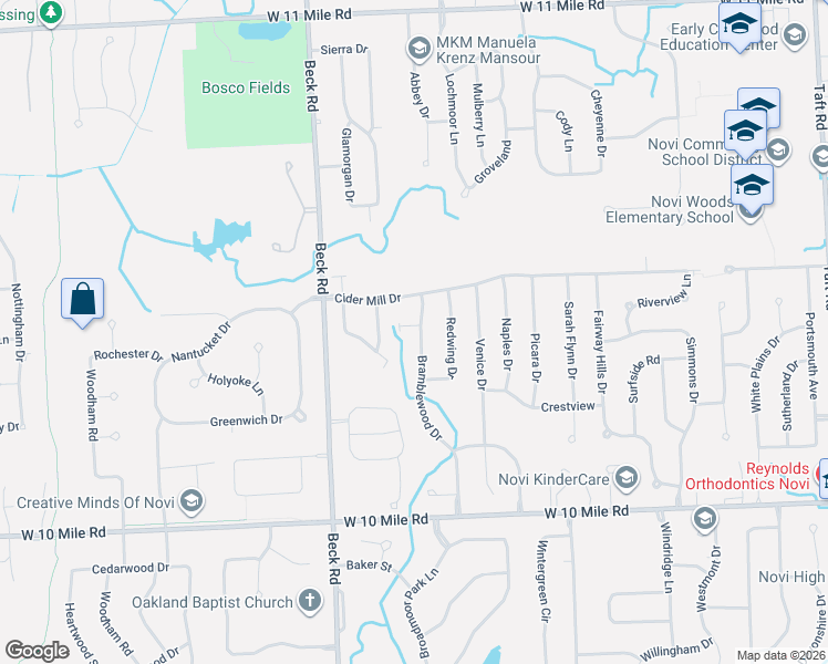 map of restaurants, bars, coffee shops, grocery stores, and more near 47289 Bramblewood Court in Novi