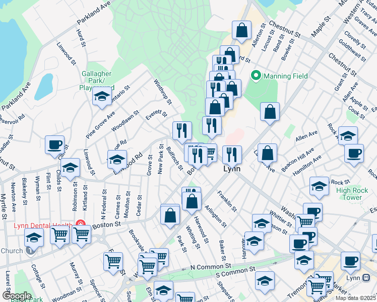 map of restaurants, bars, coffee shops, grocery stores, and more near 27 North Franklin Street in Lynn