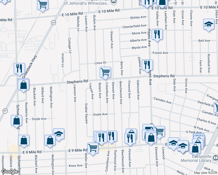 map of restaurants, bars, coffee shops, grocery stores, and more near 23823 Stewart Avenue in Warren