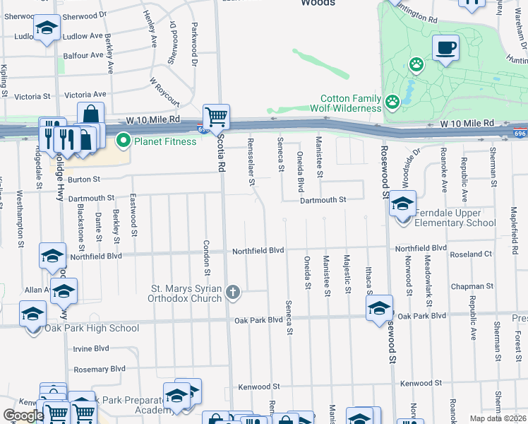map of restaurants, bars, coffee shops, grocery stores, and more near 24397 Rensselaer Street in Oak Park