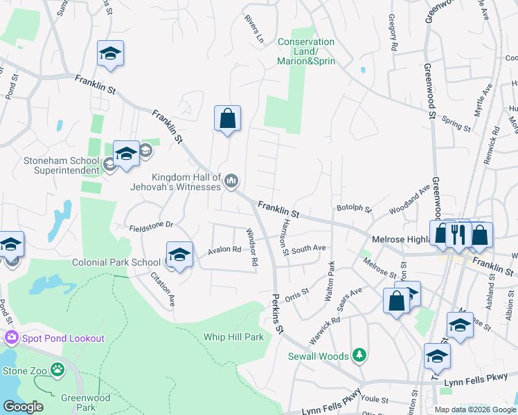 map of restaurants, bars, coffee shops, grocery stores, and more near 1176 Franklin St in Stoneham