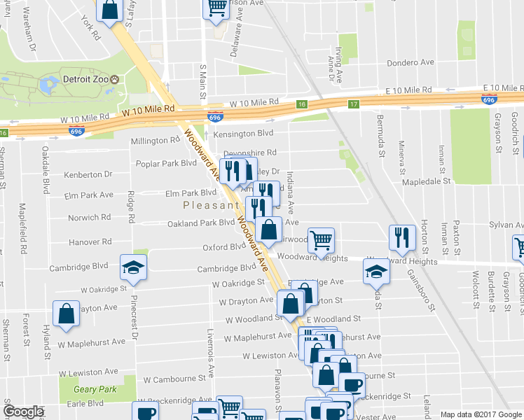 map of restaurants, bars, coffee shops, grocery stores, and more near 6 Maywood Ave in Pleasant Ridge