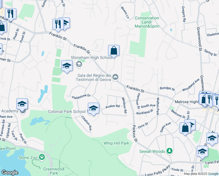 map of restaurants, bars, coffee shops, grocery stores, and more near 15 Pinewood Road in Stoneham